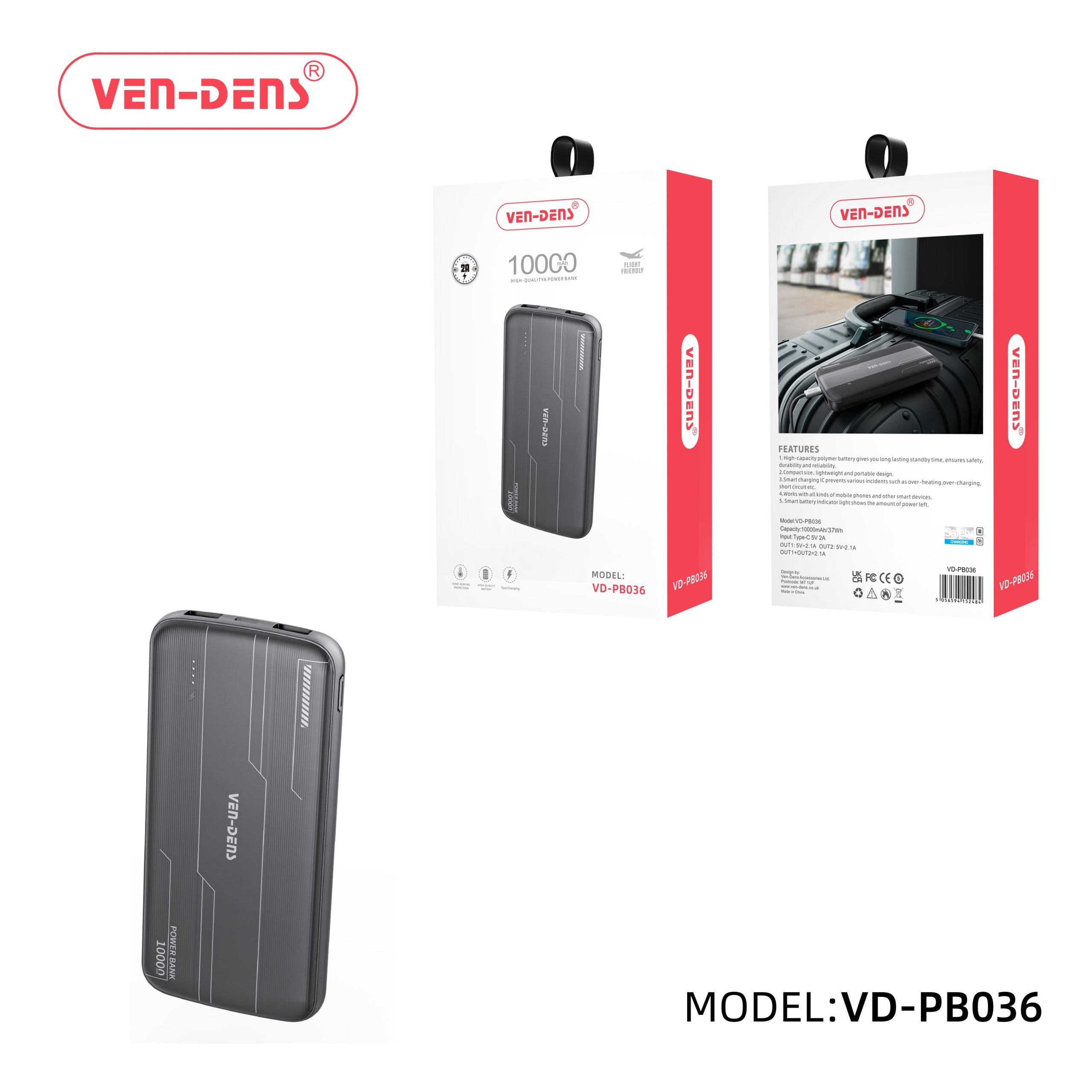 Ven-Dens VD-PB036 10000mAh 2A Portable Lightweight Design Power Bank